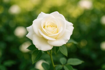 Close-up of a white rose blossom in a lush garden