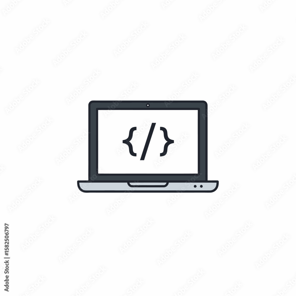 Fototapete Laptop displaying curly brackets, representing code or programming, on a white background.