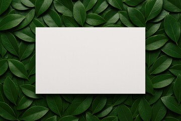 White paper card placed on lush green leaves for background or empty space use