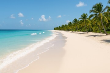 Serene coastal scene featuring a vast sandy shoreline lined with palm trees