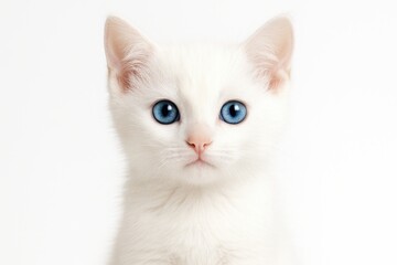 Close-up of a white kitten with striking blue eyes against a plain background