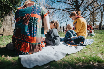 A family spends time together sitting on a blanket in a sunlit park, with nature and trees around, enjoying a peaceful outdoor moment.
