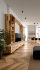 Chic and Cozy Living Room with Rustic Elegance, Modern Decor, Wood Flooring, and Minimalist Kitchen