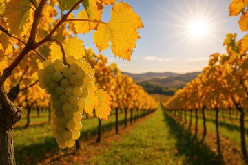 Autumnal harvest of white grapes in a vineyard setting