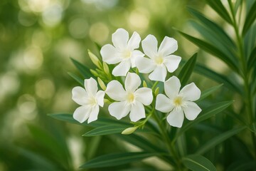 Pure white blossoms of oleander surrounded by lush green foliage