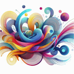 Flat vector design with vibrant wavy lines and curls in rainbow gradient, overlapping and free-form layout.

