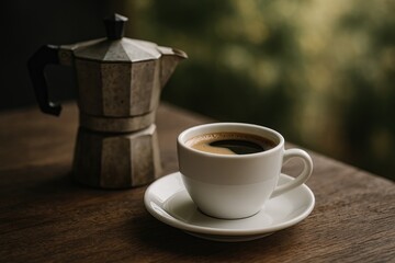 Vintage coffee maker alongside a white coffee cup