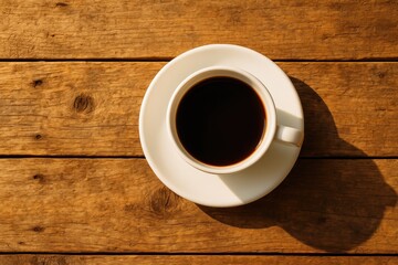 A white mug filled with dark coffee resting on weathered wooden planks from a top-down perspective with warm, sunny hues.