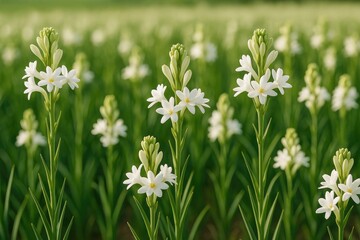 Harvesting white tuberose flowers in a rural farm setting