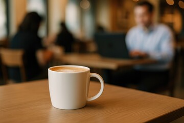 A cozy cafâˆšÂ© scene featuring a steaming coffee mug on a table with patrons