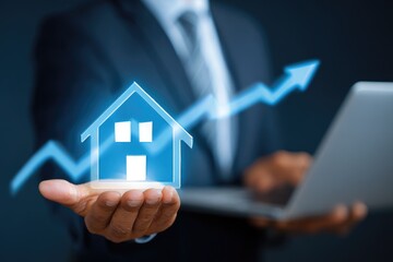 Businessperson holds a glowing house icon over a rising graph