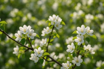Fototapeta premium Delicate white flowers blooming on apple branches under sunlight in a springtime garden setting.