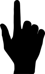 Black silhouette of a hand with the index finger pointing upwards on a white background
