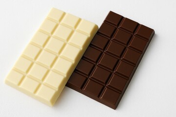 Fototapeta premium Dark and white chocolate bars displayed on a plain white surface