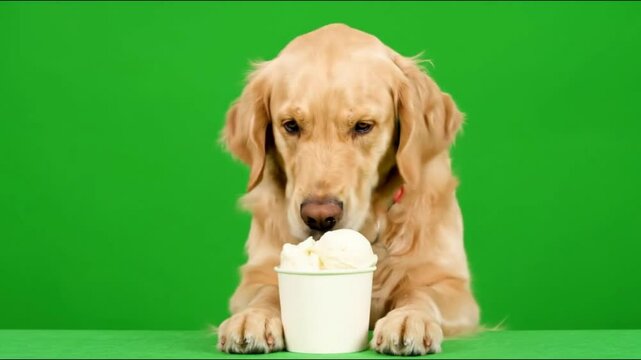 Cute dog happily licking ice cream in front of a green background