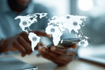 Man's hands on phone, world map overlay