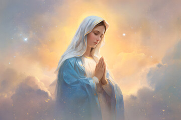 A serene and divine digital painting of Mother Mary, portrayed with a gentle and compassionate expression