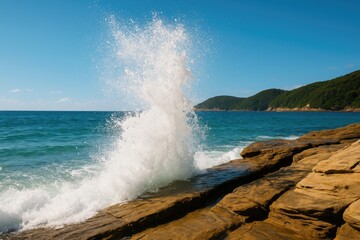 Fototapeta premium Wave crashes captured with camera in a coastal national park on the central coast of New South Wales
