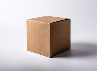 Fototapeta premium A plain, light-brown cardboard cube box sits centered on a white background, casting a subtle shadow