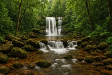 Obraz premium Majestic cascade within a forested national park near tum caves in a northeastern district of Thailand