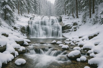 Winter scene of a mountain waterfall in Central Europe