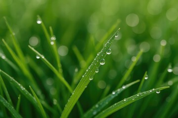 Naklejka premium Rain-soaked grass with lingering water droplets