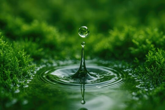 A single water droplet resting on lush moss