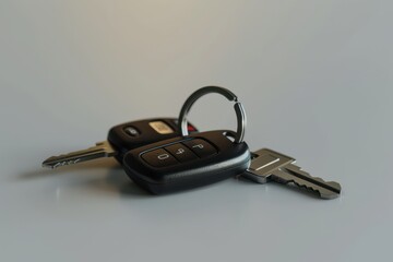 Car keys and remote on a light surface with a small ring joining them together