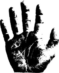 Hand palm print with detailed lines and texture. Black and white grunge style vector illustration.