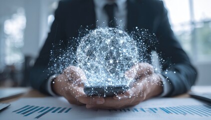 Businessperson holding phone with digital globe overlay