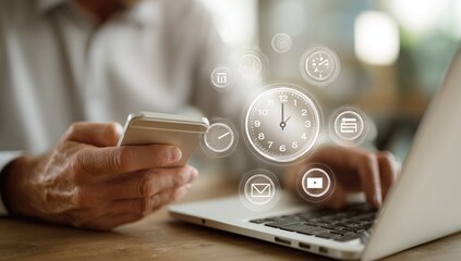 Businessman uses phone and laptop, time management interface