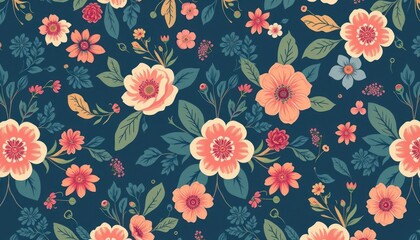 Elegant Floral Pattern on Navy Blue Background, Seamless Design