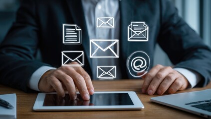 Businessperson using tablet, email icons overlay