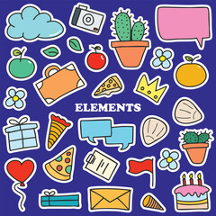 Hand drawn colorful element set. Sketch pencil stroke vector graphic pen underline scribble icon. Hand drawn line heart, crown, star symbol highlight marker shape. Vector illustration