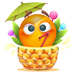 Summer emoji with pineapple cocktail on white background. Funny summer emoticon with cocktail straw and umbrella. Positive vibes, good mood, vacation, travel, holiday concept