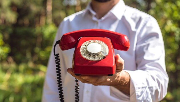 Man holding a vintage red rotary phone outdoors
