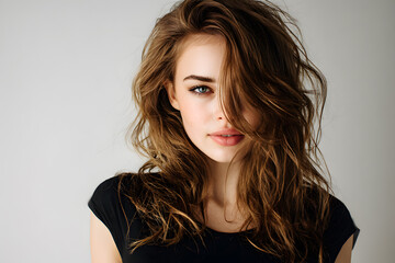 Young woman with tousled wavy hair and minimal makeup on a clean background