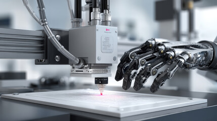 Prosthetic Hand, A minimalist 3D illustration of a detailed, robotic-looking prosthetic hand with articulated fingers, being printed in a high-tech lab. The printer uses a metallic silver filament. 