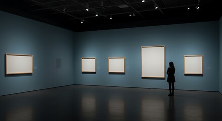 A person contemplates blank canvases in a modern art gallery, surrounded by minimalist artwork.