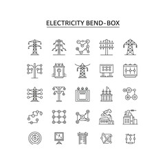 Electricity Bend Box 25 Line Icons of Power Grids Transmission Towers and Electrical Components