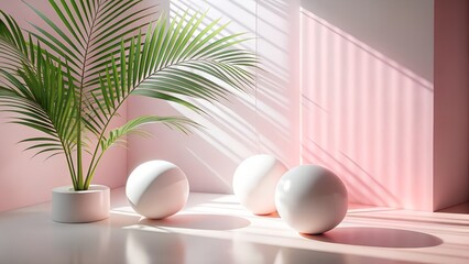 Fototapeta premium Pink and White Minimalist Scene with Palm Tree
