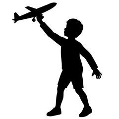 Boy playing with a toy airplane silhouette vector illustration