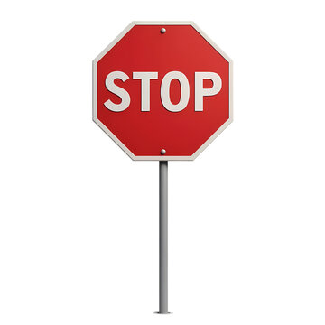 Red stop sign with white border on a white pole isolated on transparent background