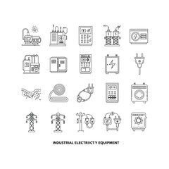 Industrial Electricity Equipment Icons of Generators Panels and Power Lines