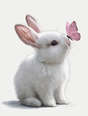Obraz premium Cute white rabbit with pink butterfly (2)