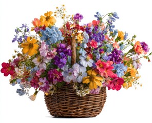 A rustic brown wicker basket overflowing with a vibrant, multicolored bouquet of wildflowers, isolated on a white background