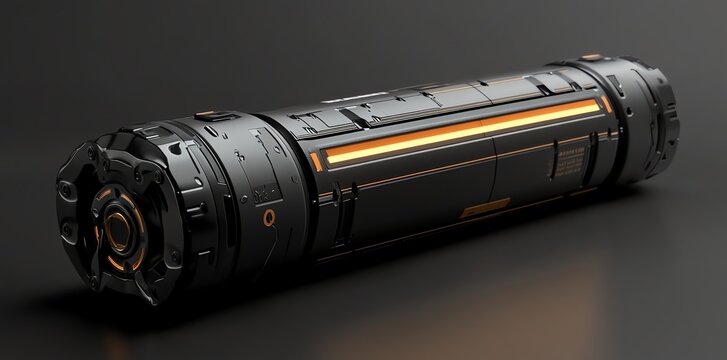 Futuristic Black Cylindrical Device with Orange Light Accents on Dark Background - Powered by Adobe