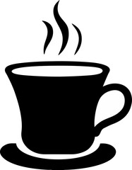 Black and white vector illustration of a steaming cup of coffee or tea on saucer