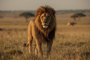 A powerful male lion with a full mane standing proudly on a grassy savanna during golden hour