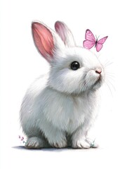 Obraz premium Cute white bunny with pink butterfly